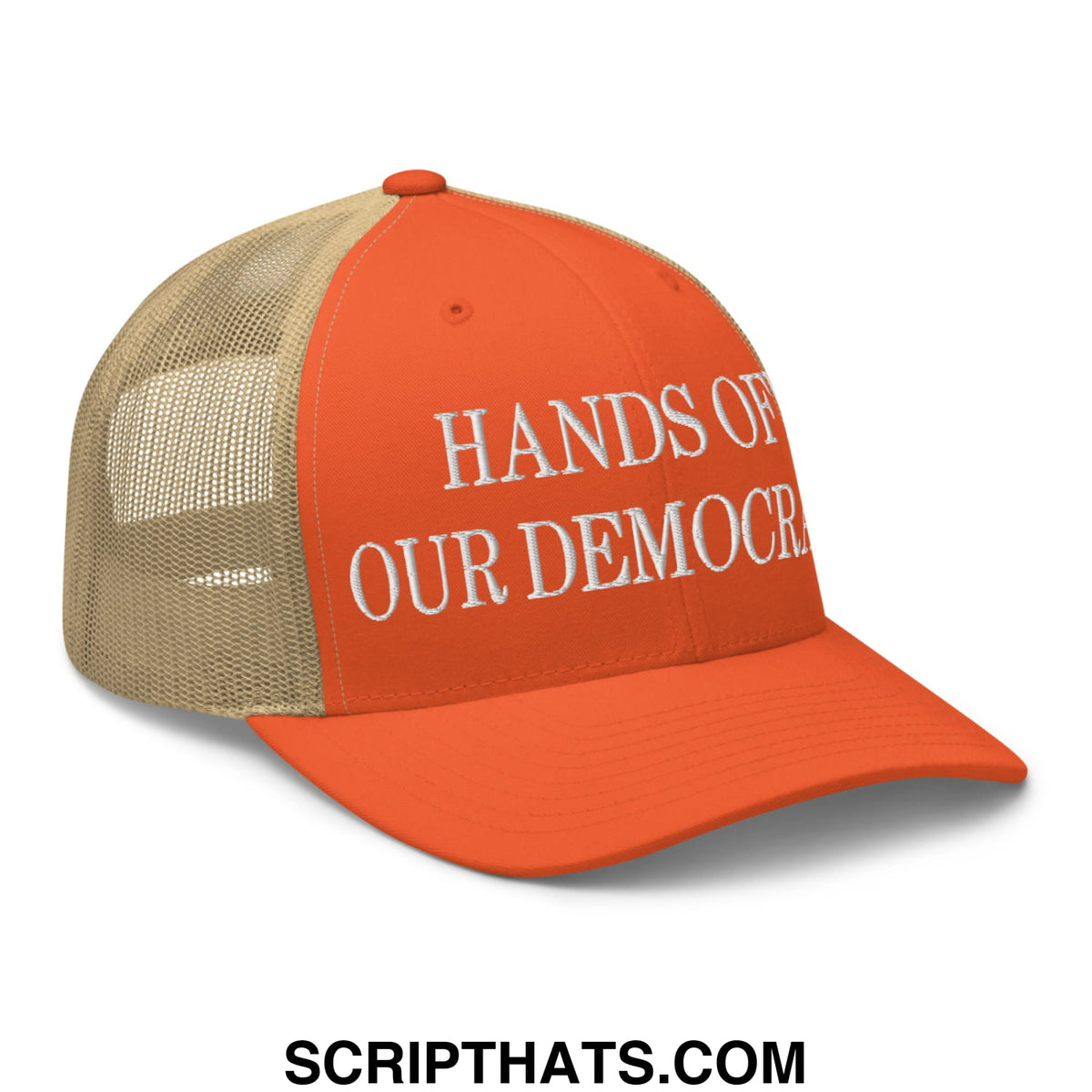 Orange and tan mesh trucker hat with white embroidered text reading hands of our democracy
