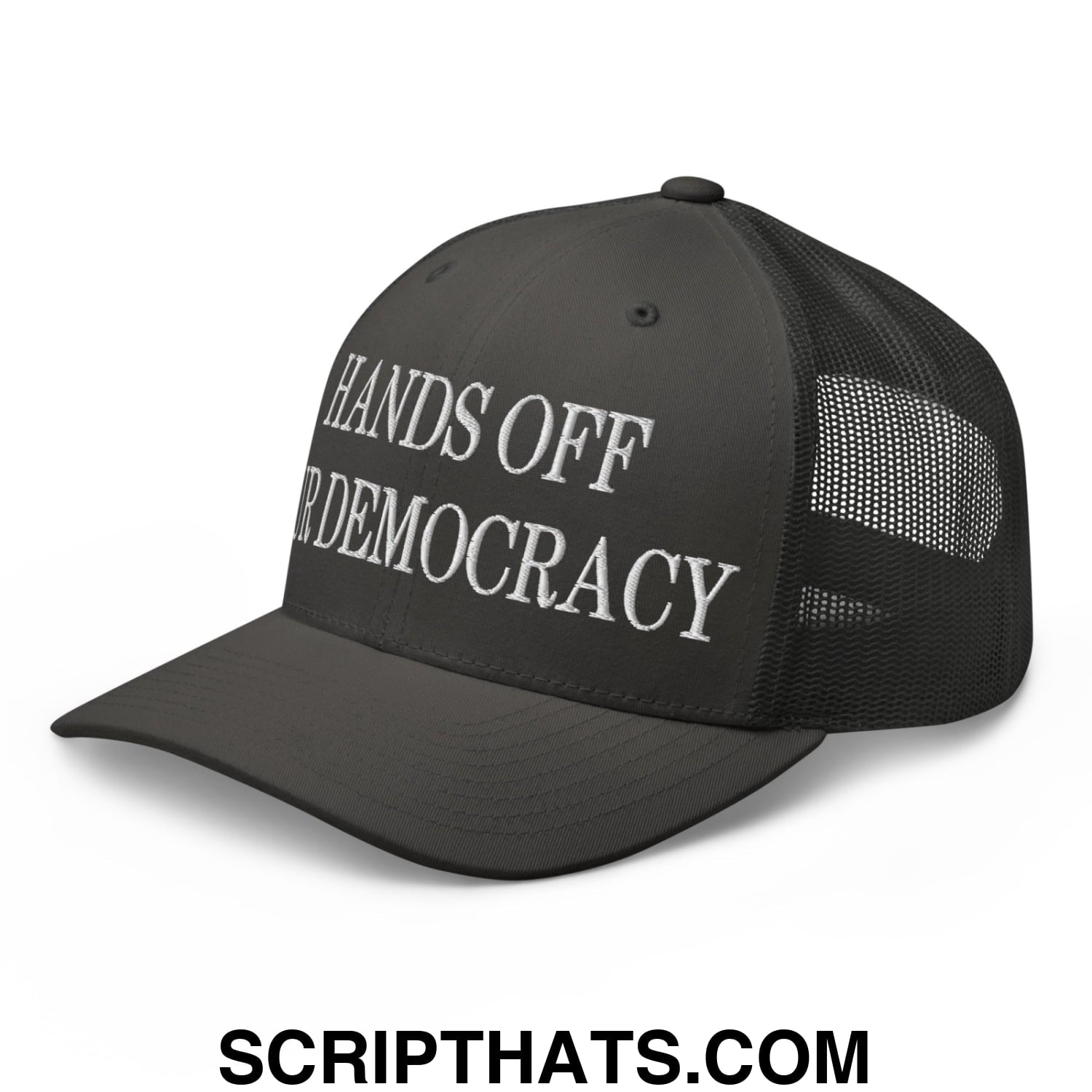 Hands Off Our Democracy Embroidered Mesh Trucker Hat Charcoal