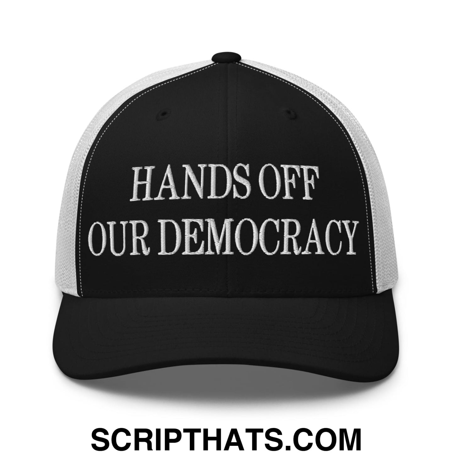 Hands Off Our Democracy Embroidered Mesh Trucker Hat Black White