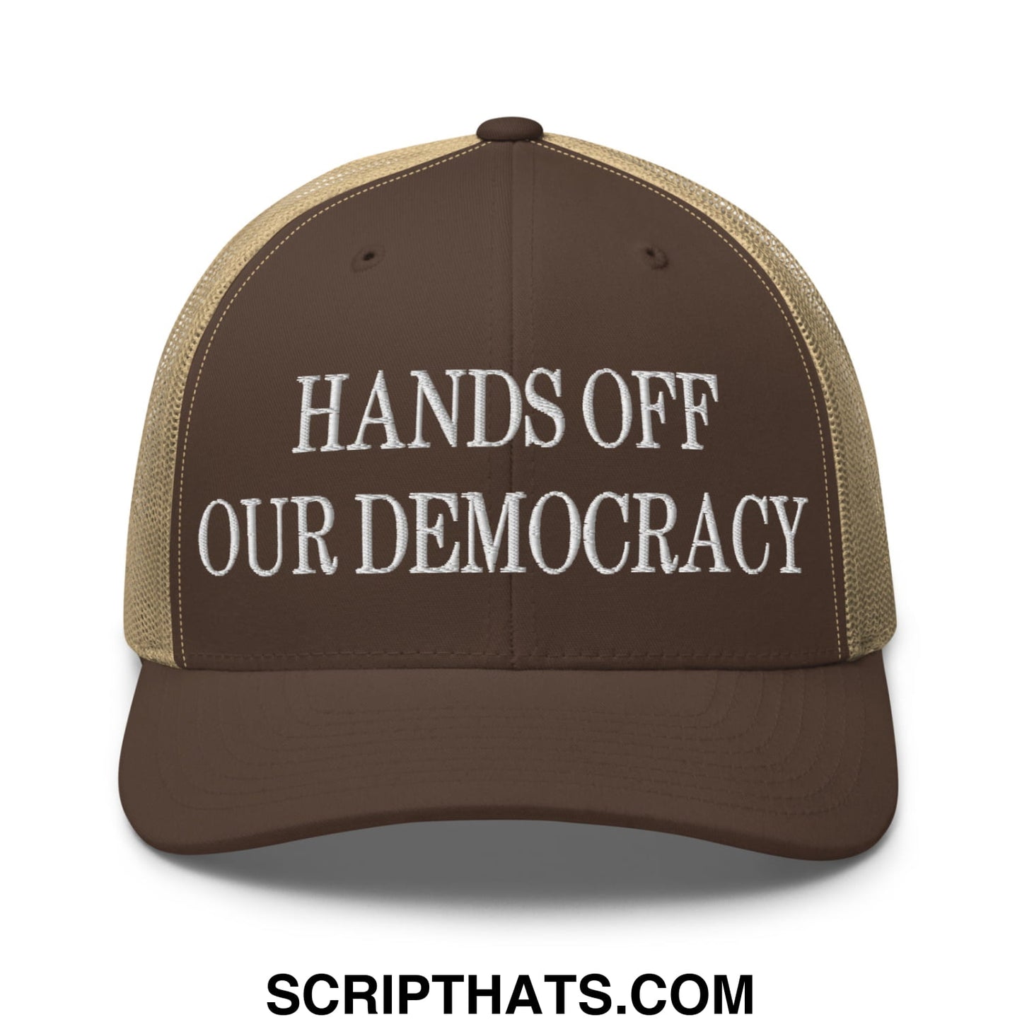 Brown and tan mesh trucker hat with white embroidered hands off our democracy text on front panel