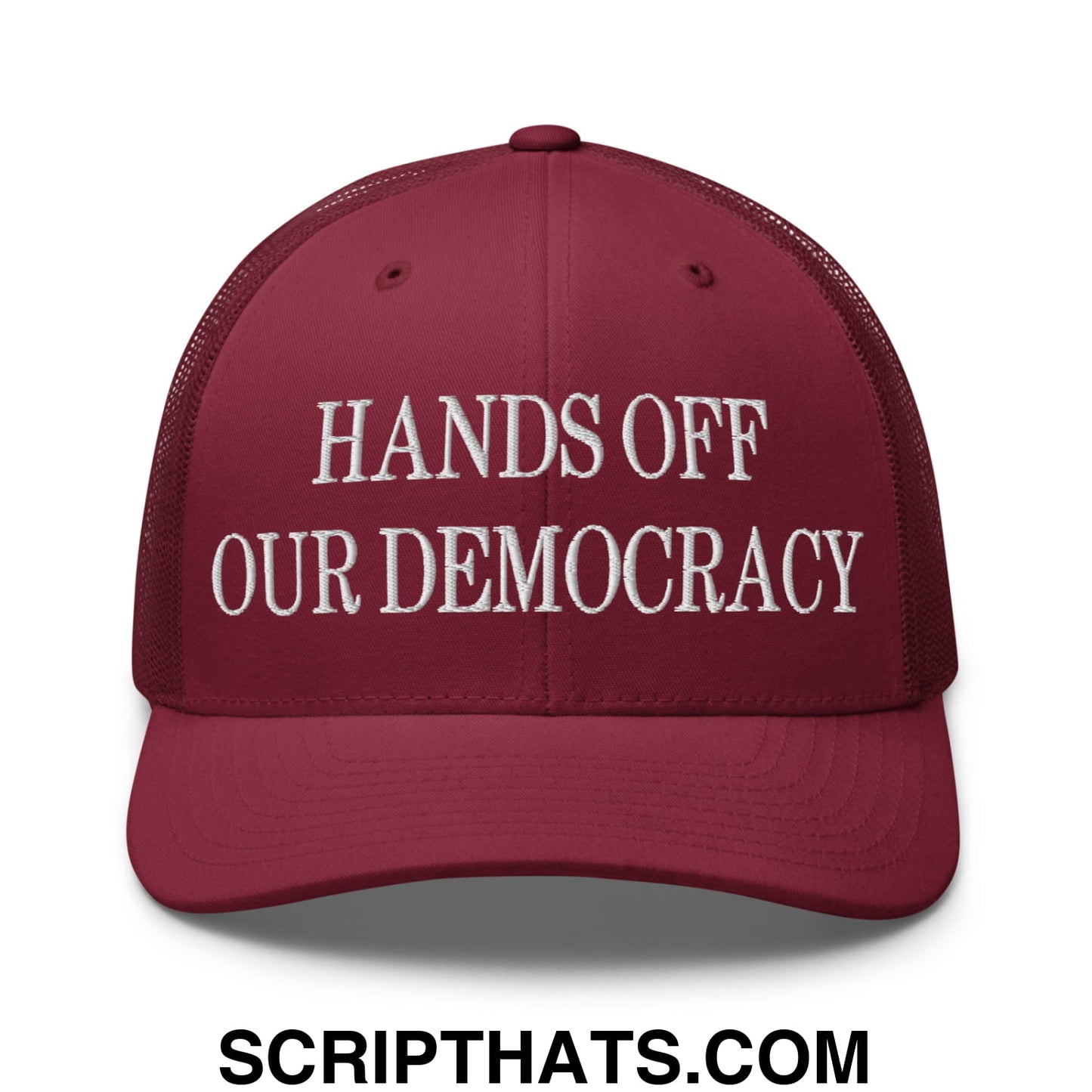 Hands Off Our Democracy Embroidered Mesh Trucker Hat Cranberry