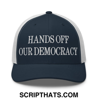 Hands Off Our Democracy Embroidered Mesh Trucker Hat Navy White