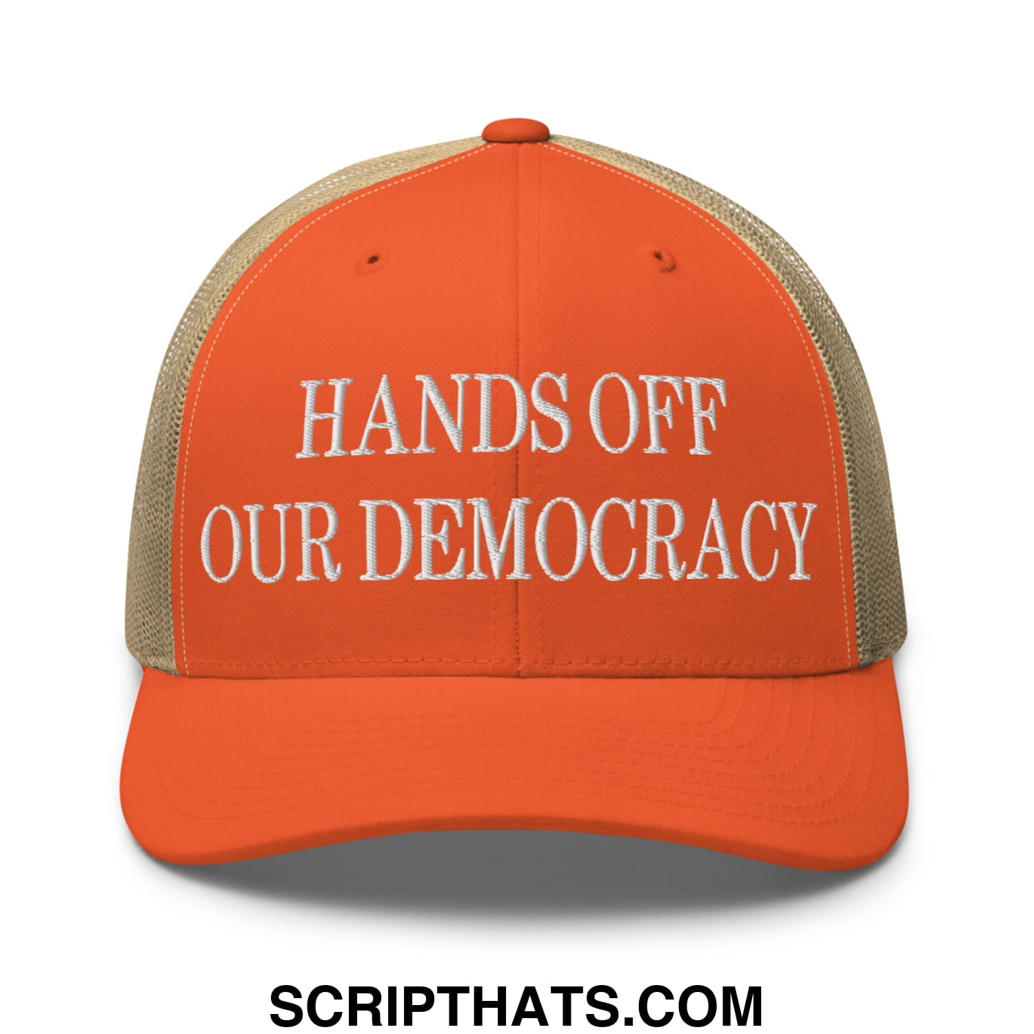 Orange and beige mesh trucker hat with white embroidered text hands off our democracy promoting civic pride