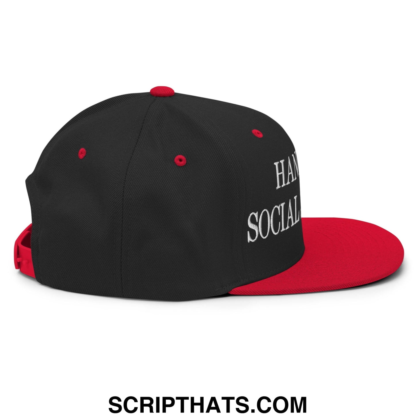 Black and red snapback cap with white embroidered hands off social security text on the side flat bill brim