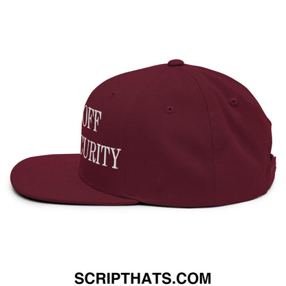 Maroon snapback hat with white embroidered off security text and flat bill brim for casual wear