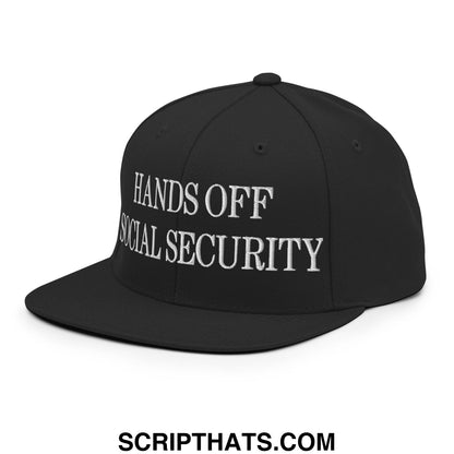 Black snapback cap with white embroidered hands off social security text and flat bill brim design
