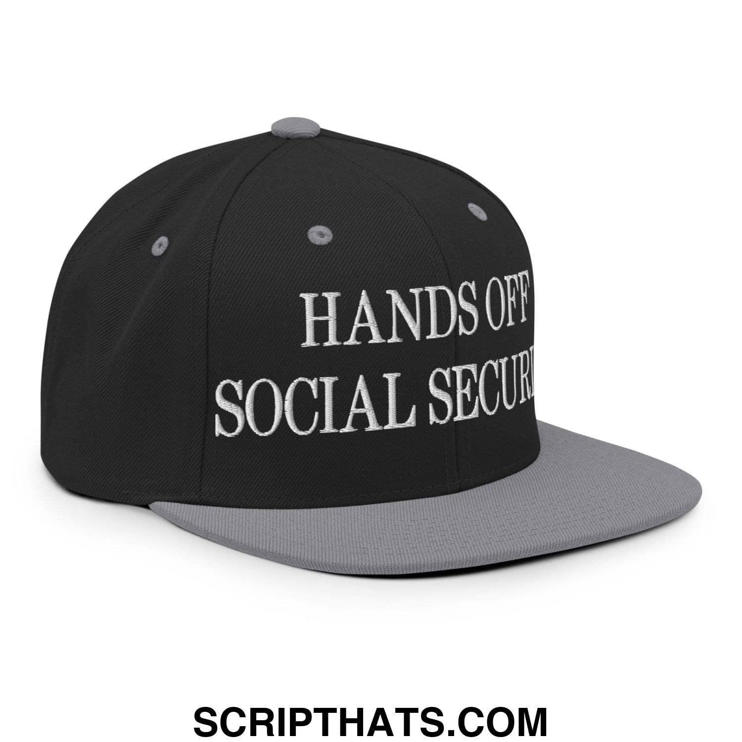 Black and gray snapback cap with white embroidered hands off social security text and flat bill brim design