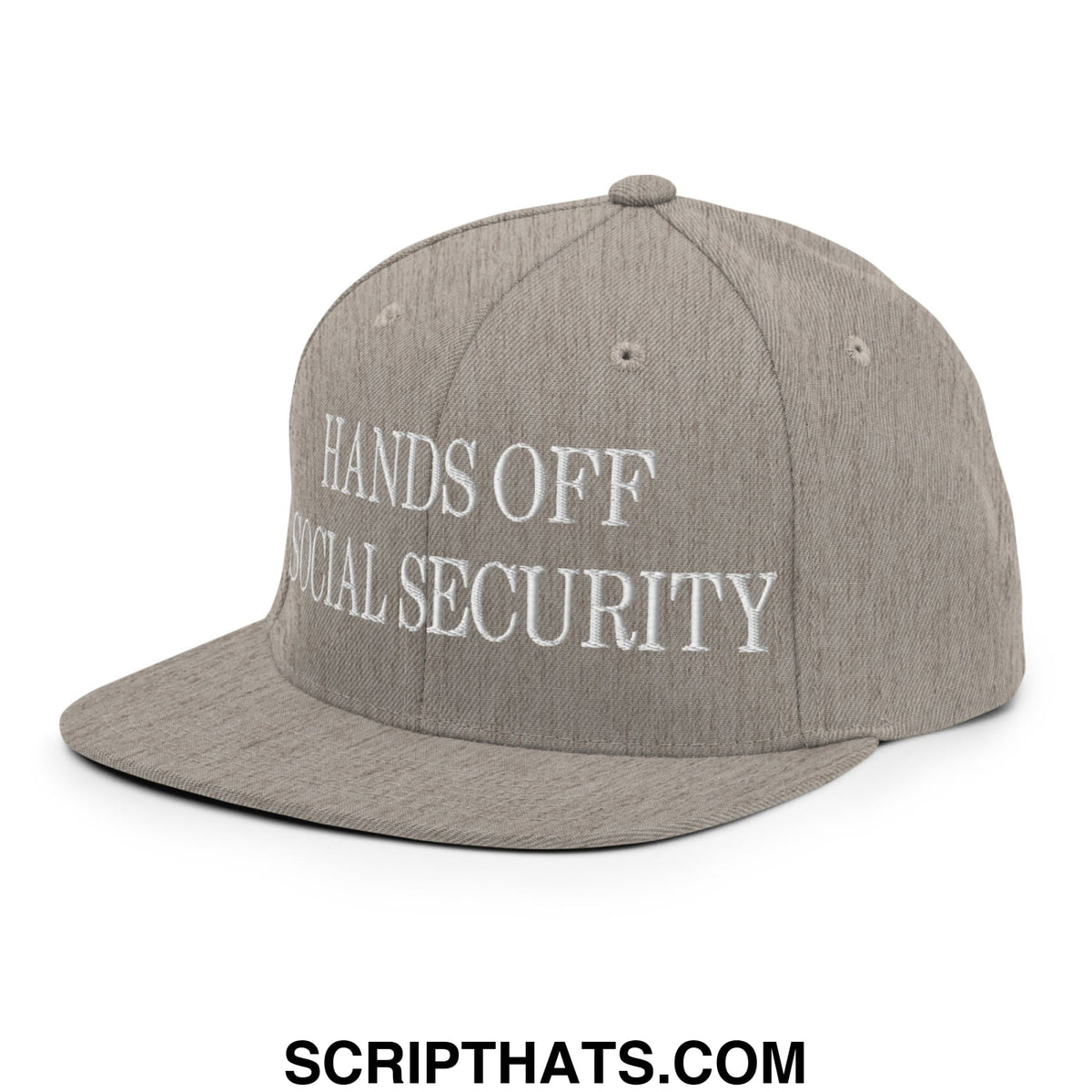 Gray snapback cap with white embroidered hands off social security text and flat bill brim for casual wear