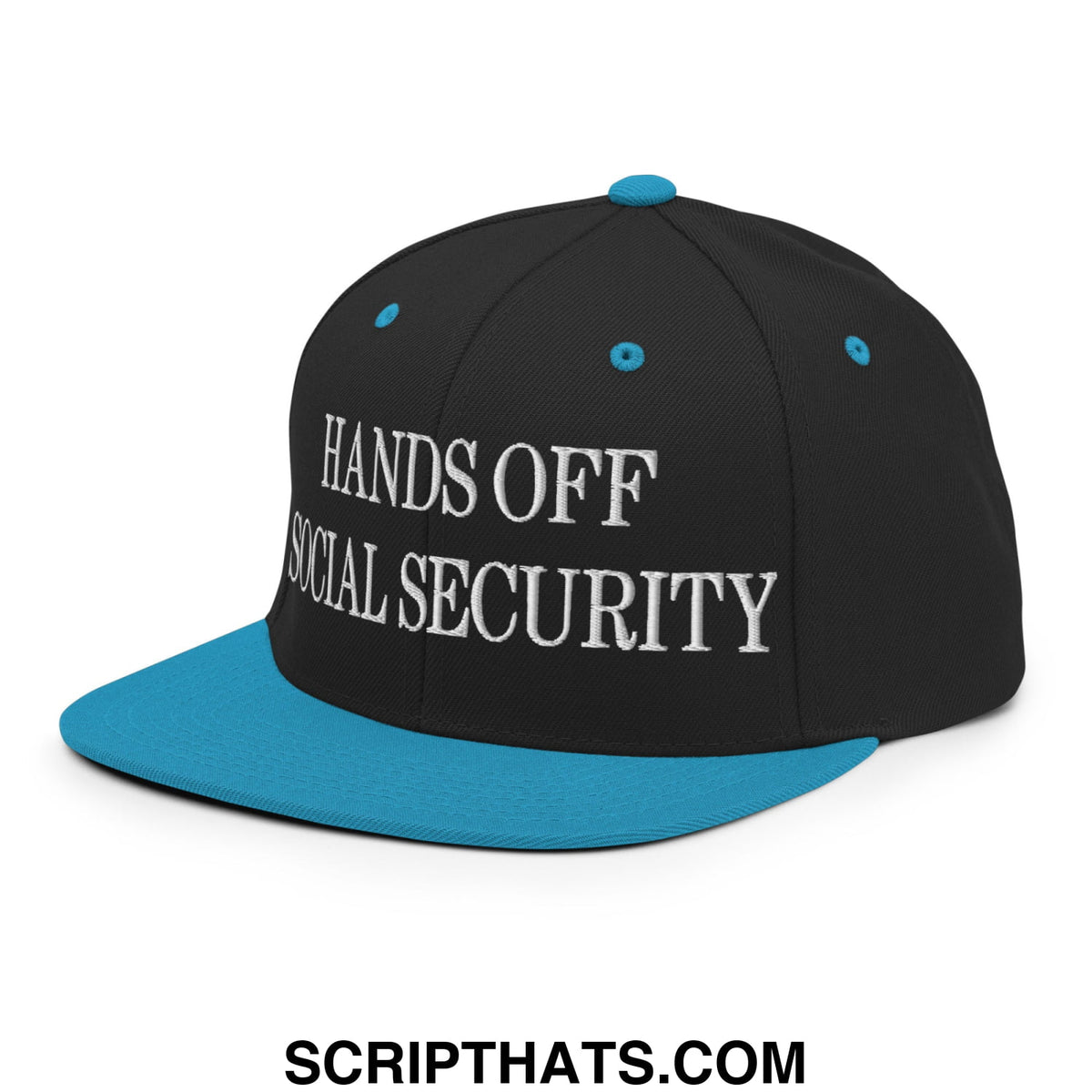 Black snapback cap with teal brim and button featuring white embroidered hands off social security text