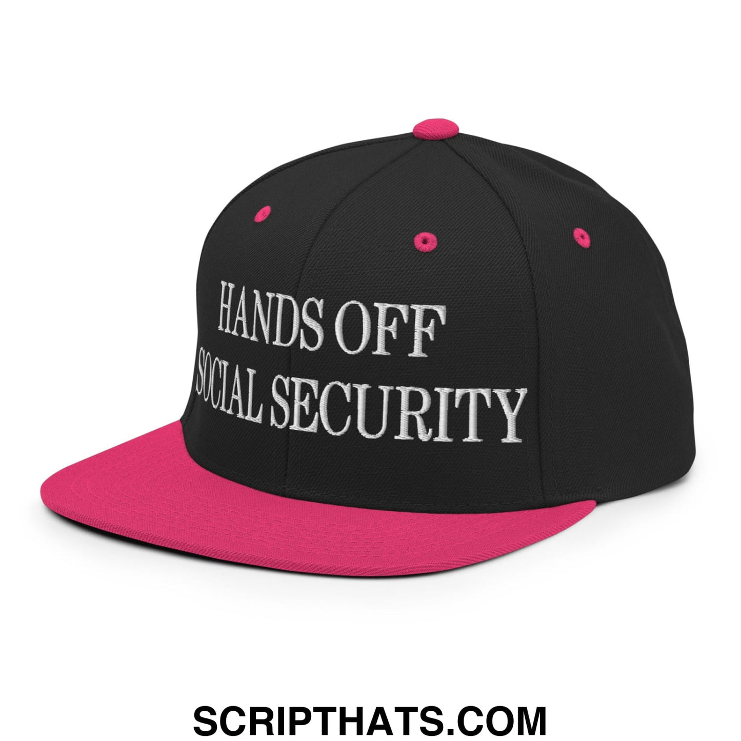 Black and pink snapback hat with white embroidered hands off social security text on flat bill brim