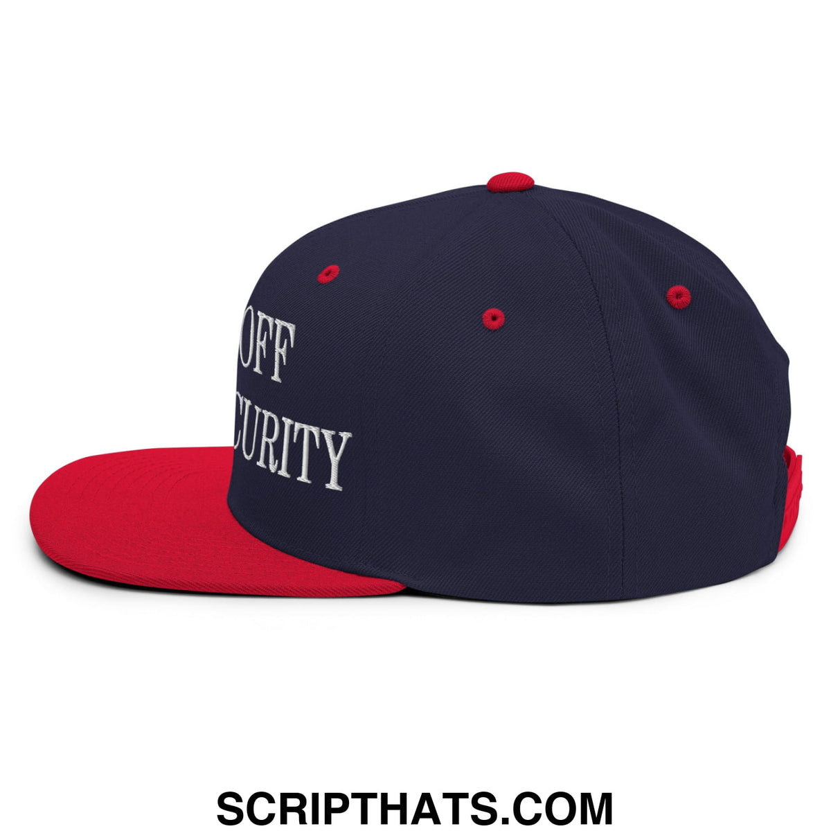 Navy blue and red snapback hat with white embroidered off security text and flat bill brim for social security awareness