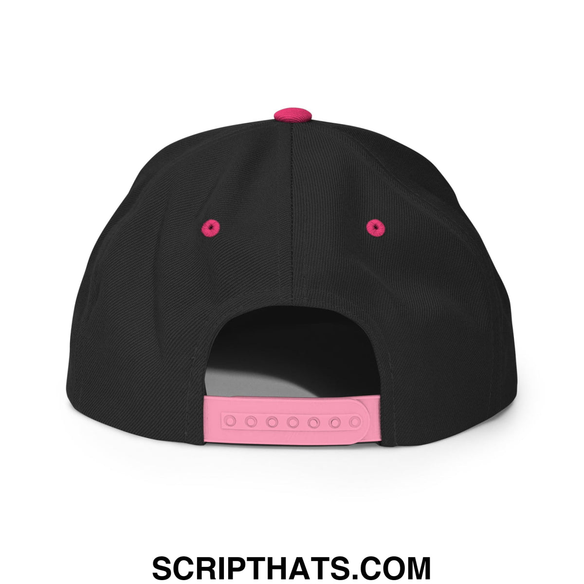 Black snapback hat with hands off social security embroidery and pink fabric accents on the adjustable strap and button