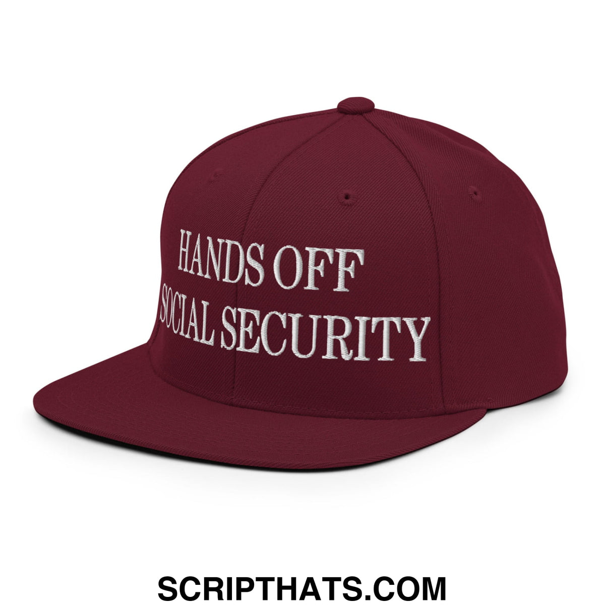 Maroon snapback hat with flat bill brim and white embroidered hands off social security text on front