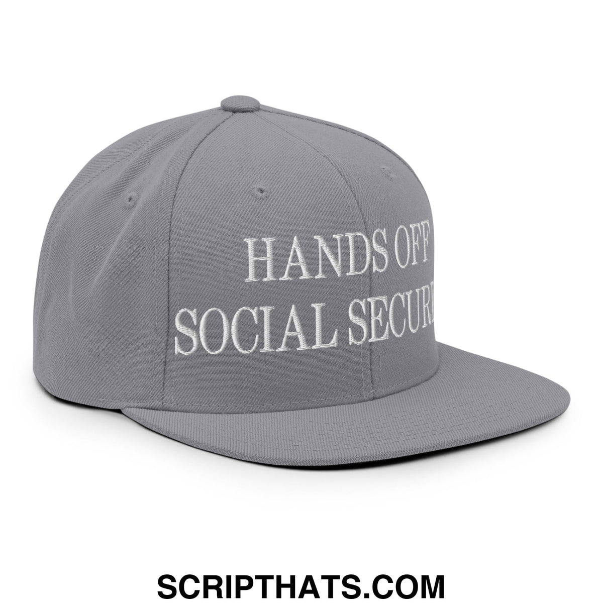 Gray snapback cap with white embroidered hands off social security text and flat bill brim design