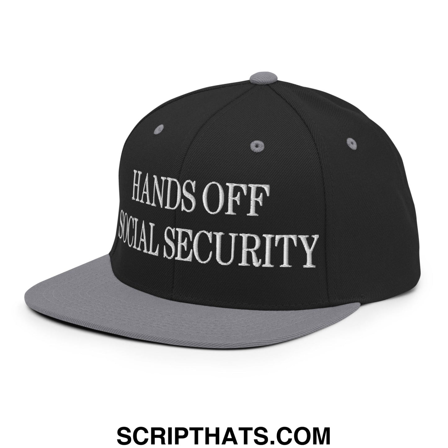 Black and gray snapback cap with white embroidered hands off social security text and a flat bill brim