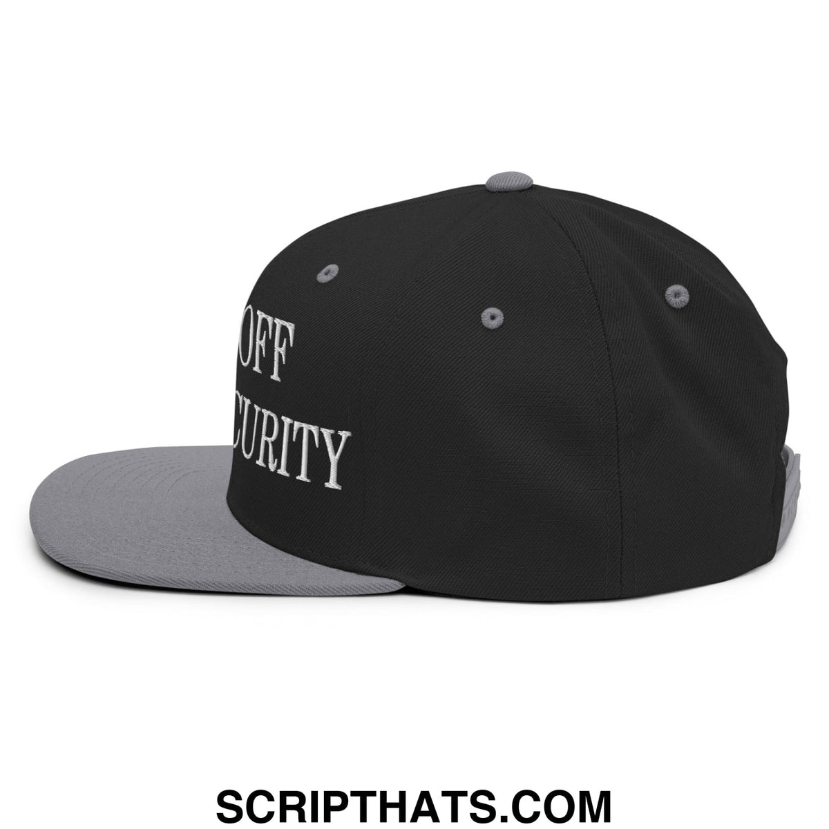 Black snapback cap with gray brim and white embroidered off security text in a flat bill brim design
