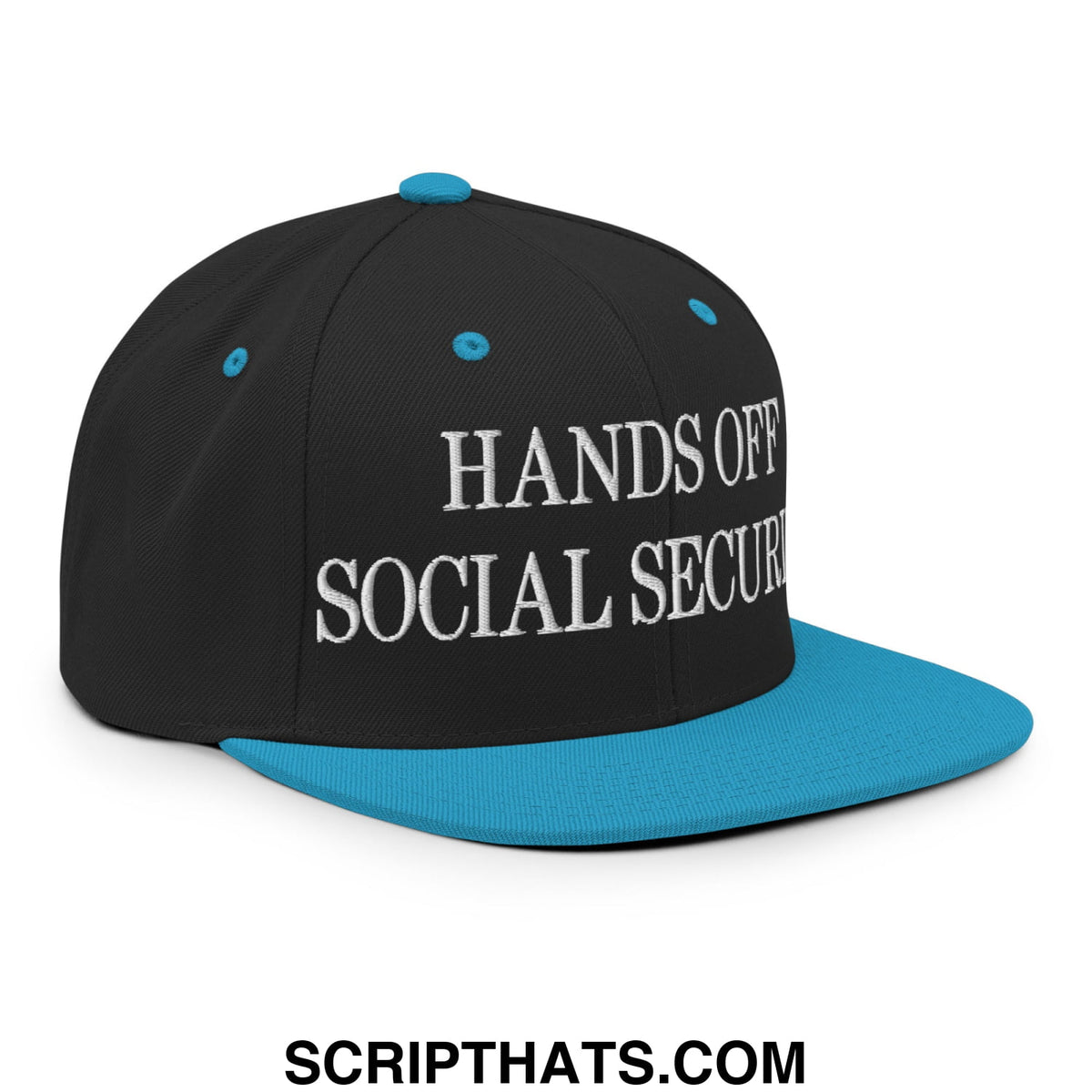 Black snapback cap with teal brim and white embroidered hands off social security text flat bill brim hat