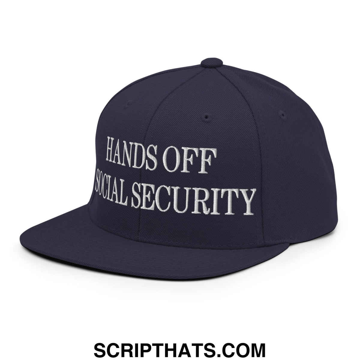 Navy blue snapback cap with white embroidered hands off social security text and flat bill brim for casual wear