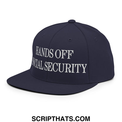 Navy blue snapback cap with white embroidered hands off social security text and flat bill brim for casual wear