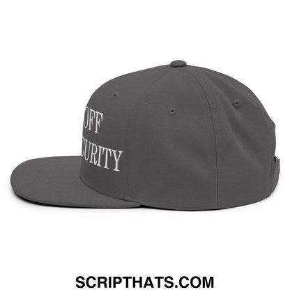 Dark gray snapback hat with white embroidered off security text on the side featuring a flat bill brim design
