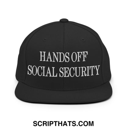 Black snapback cap with white embroidered text hands off social security and flat bill brim design