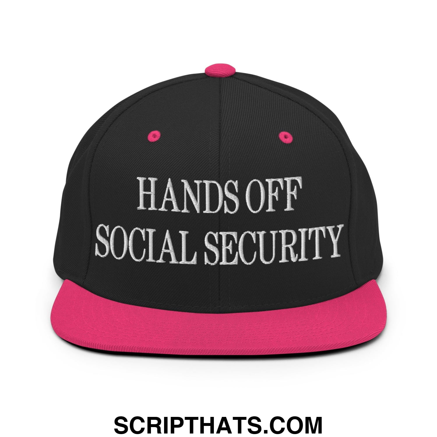 Black snapback hat with vibrant pink brim and button featuring white embroidered hands off social security text