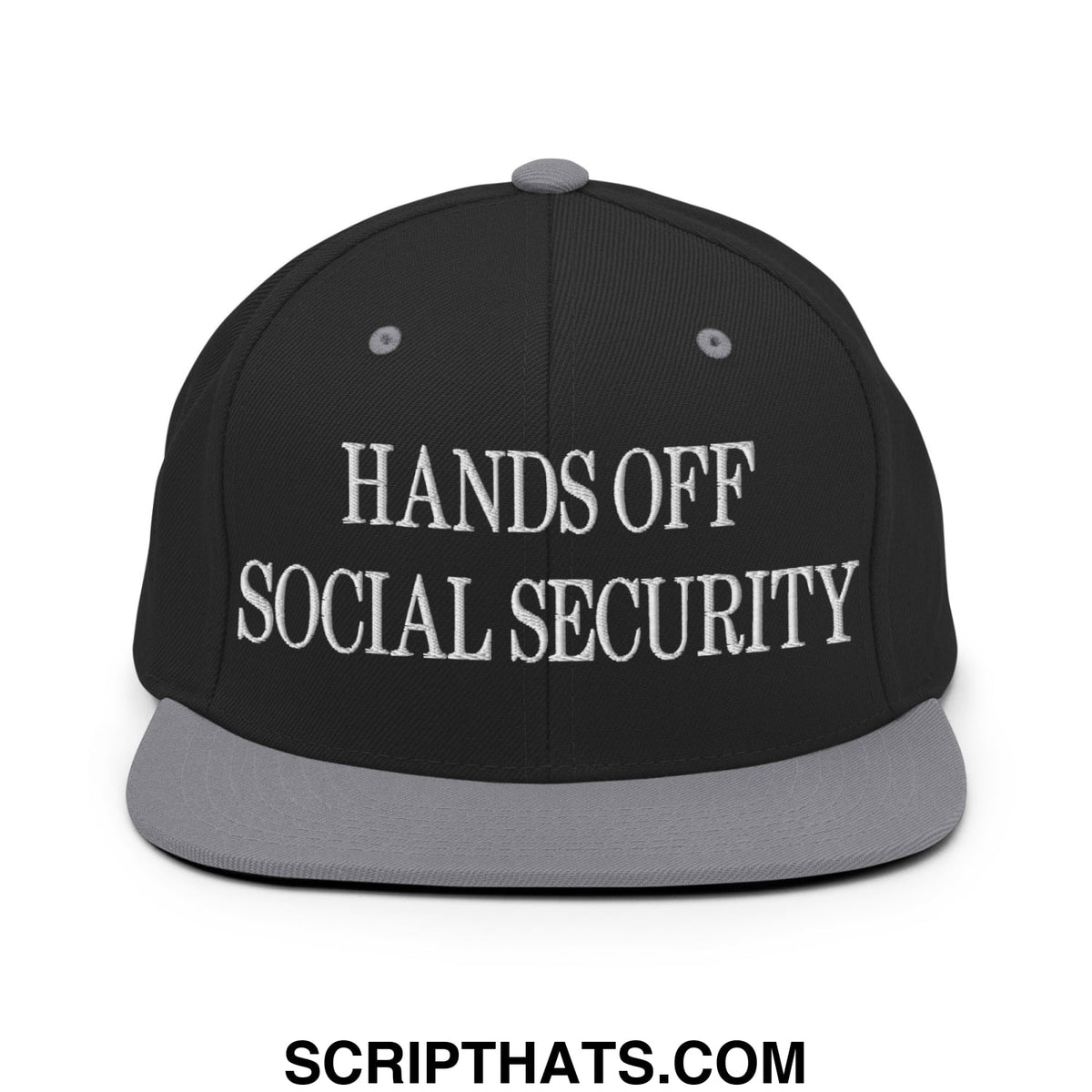 Black snapback cap with gray brim and white embroidered hands off social security text flat bill brim snapback hat