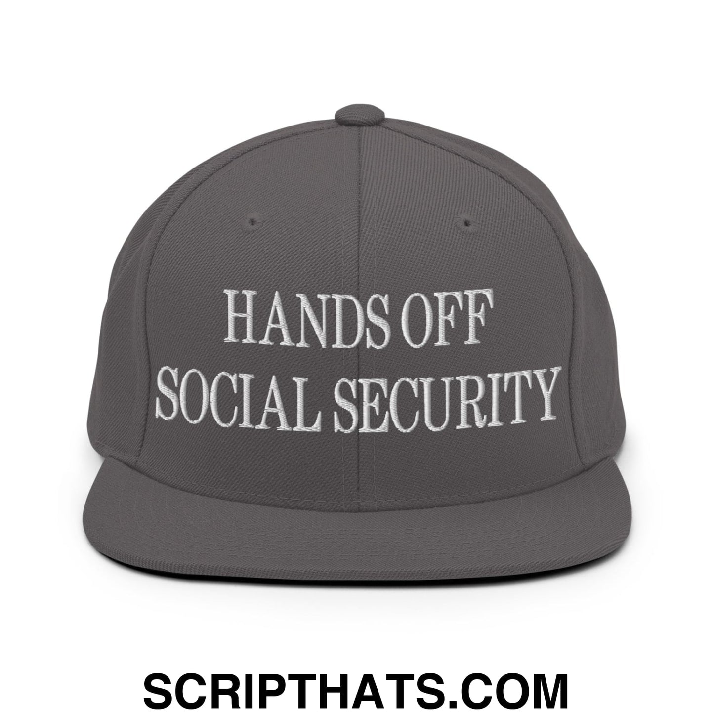 Hands Off Social Security Embroidered Flat Bill Brim Snapback Hat Dark Grey