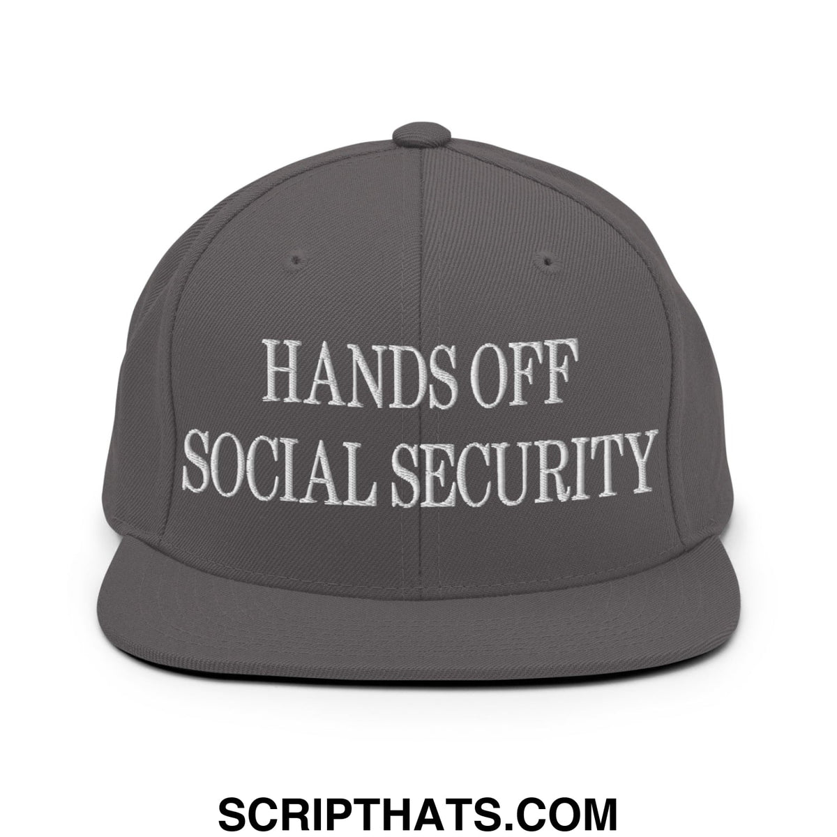 Gray snapback hat with white embroidered hands off social security text and flat bill brim for casual wear