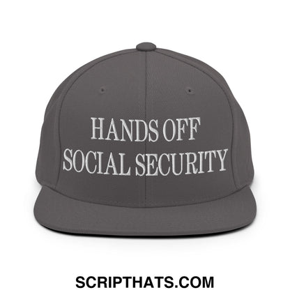 Gray snapback hat with white embroidered hands off social security text and flat bill brim for casual wear