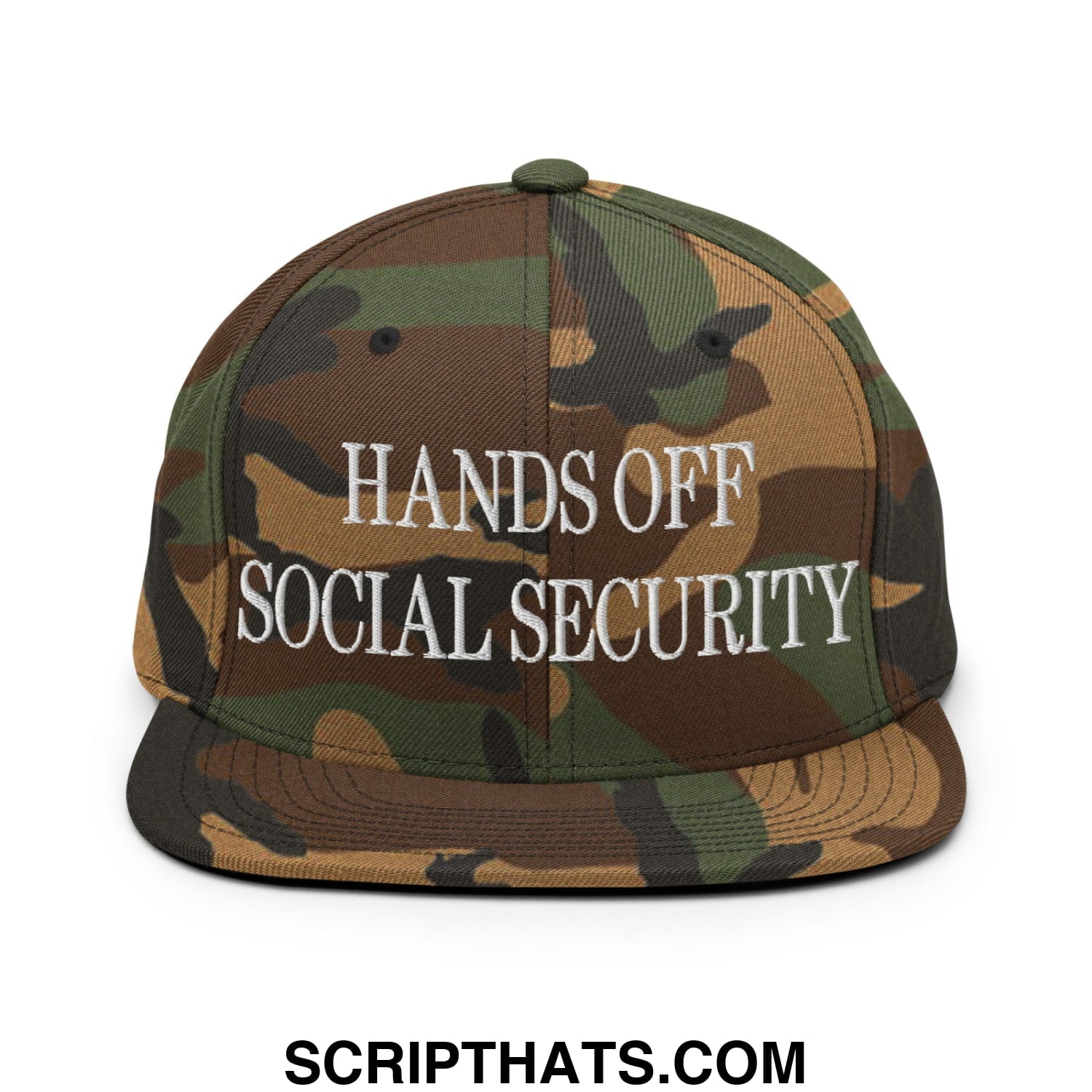 Camouflage snapback cap with white embroidered hands off social security text and flat bill brim