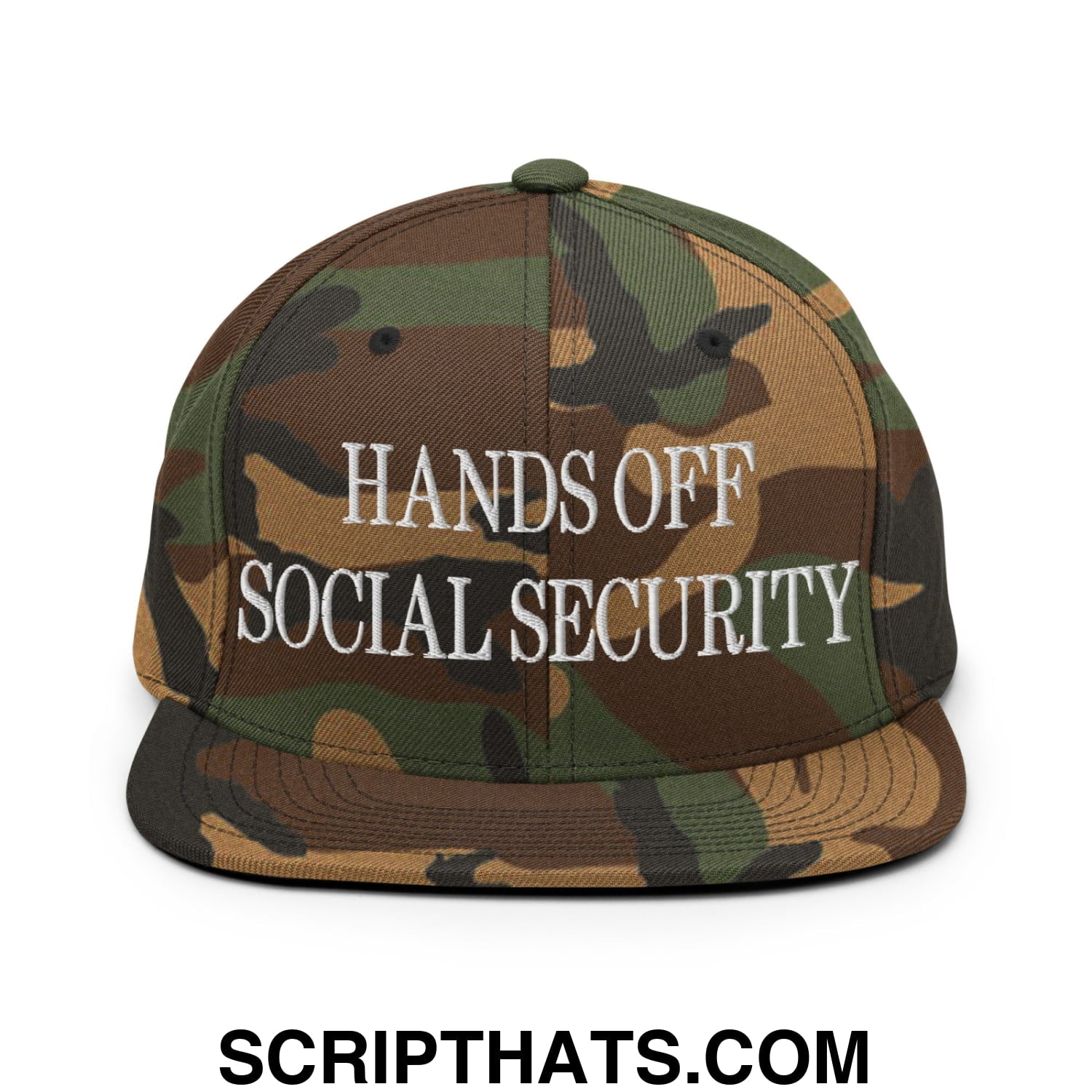 Hands Off Social Security Embroidered Flat Bill Brim Snapback Hat Green Camo