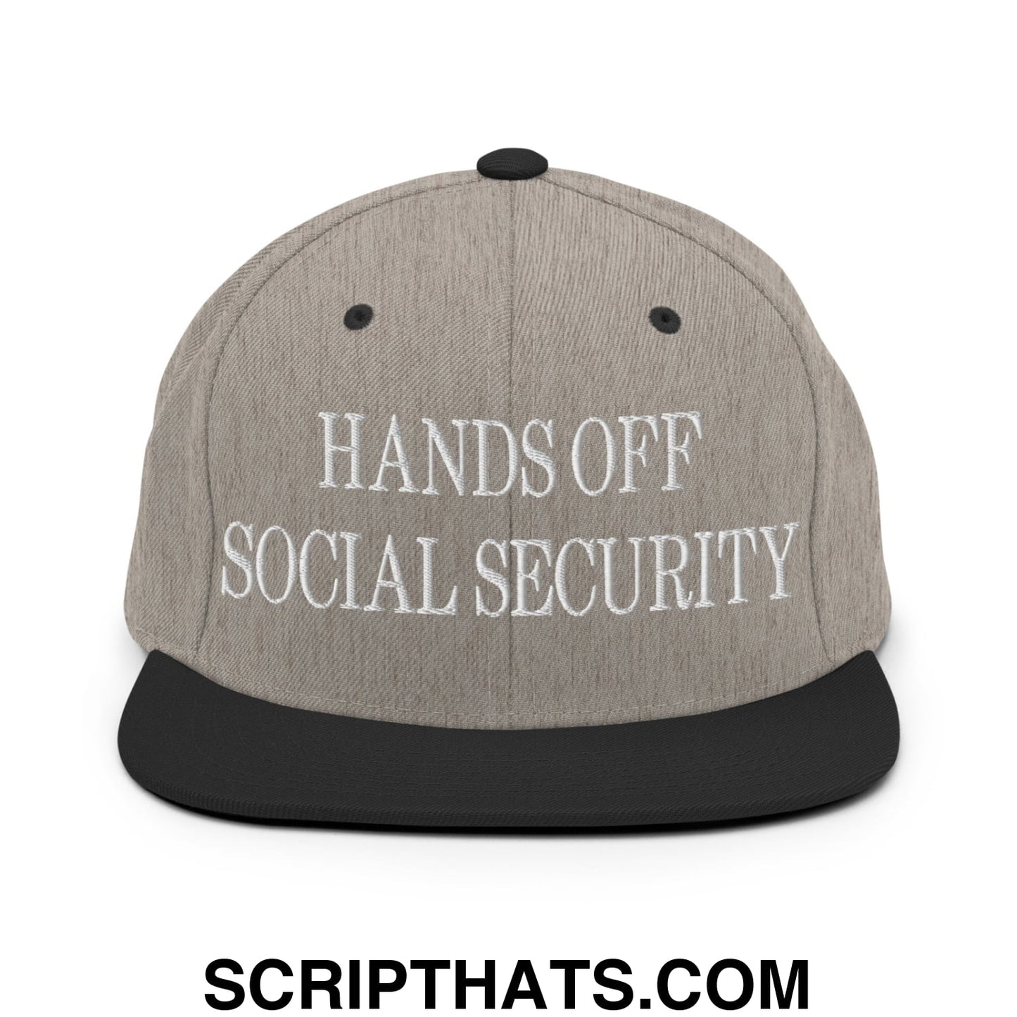 Hands Off Social Security Embroidered Flat Bill Brim Snapback Hat Heather Black