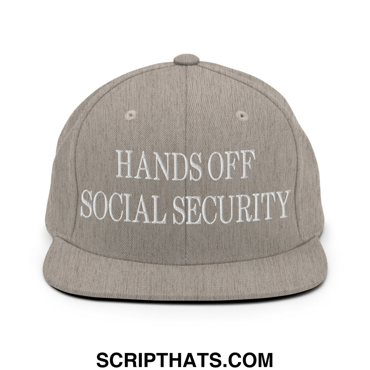 A gray snapback hat with white embroidered hands off social security text and a flat bill brim