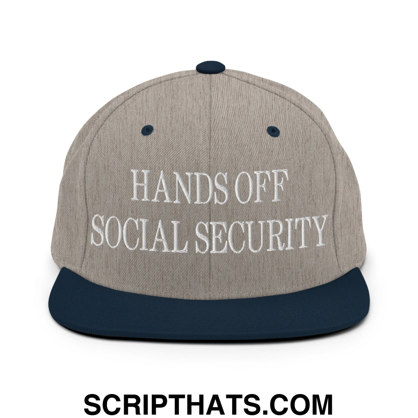 Hands Off Social Security Embroidered Flat Bill Brim Snapback Hat Heather Grey Navy