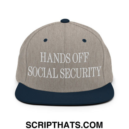 Hands Off Social Security Embroidered Flat Bill Brim Snapback Hat Heather Grey Navy