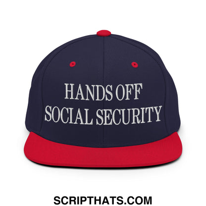 Navy blue and red snapback hat with white embroidered hands off social security text and flat bill brim