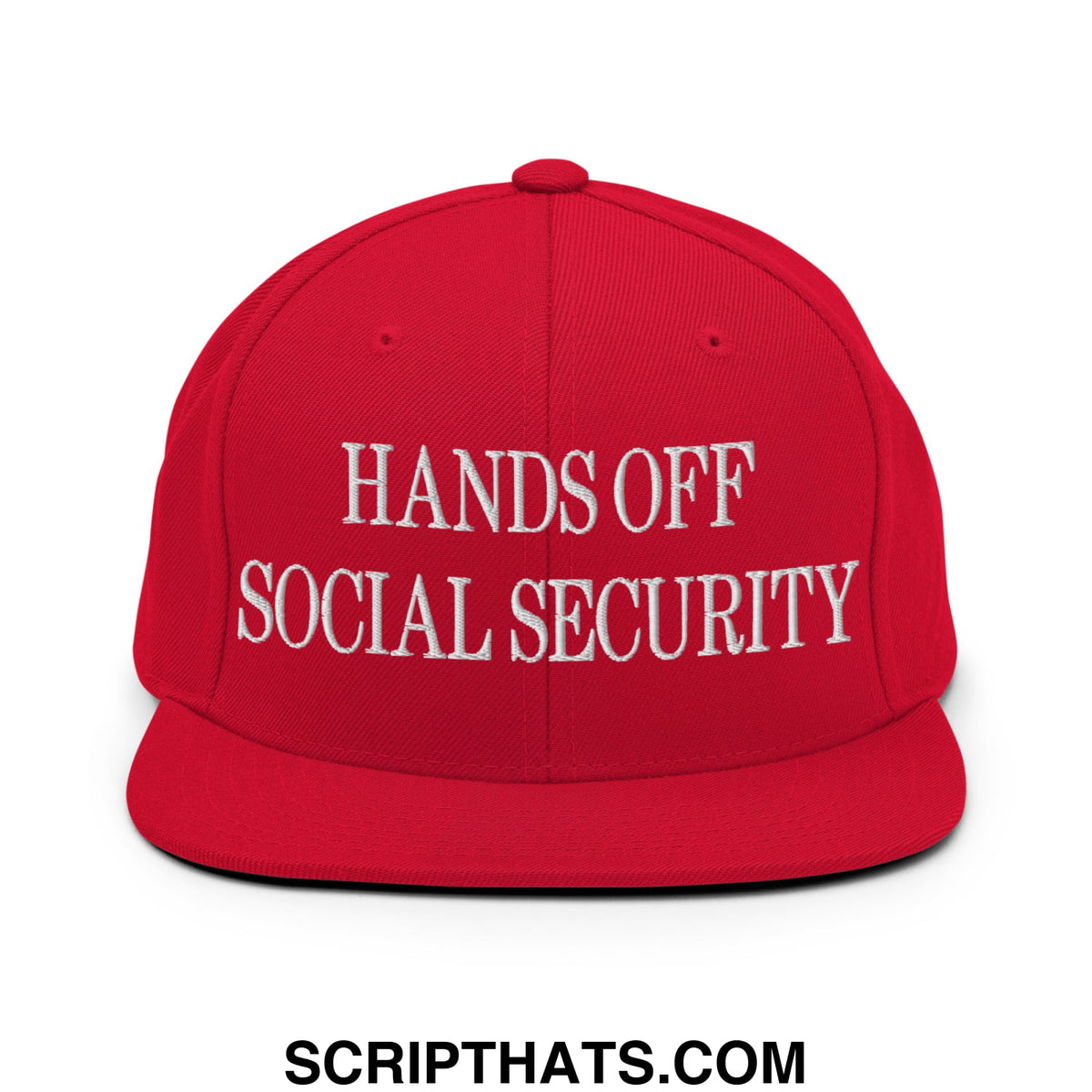 Red snapback cap with white embroidered hands off social security text and flat bill brim for casual wear