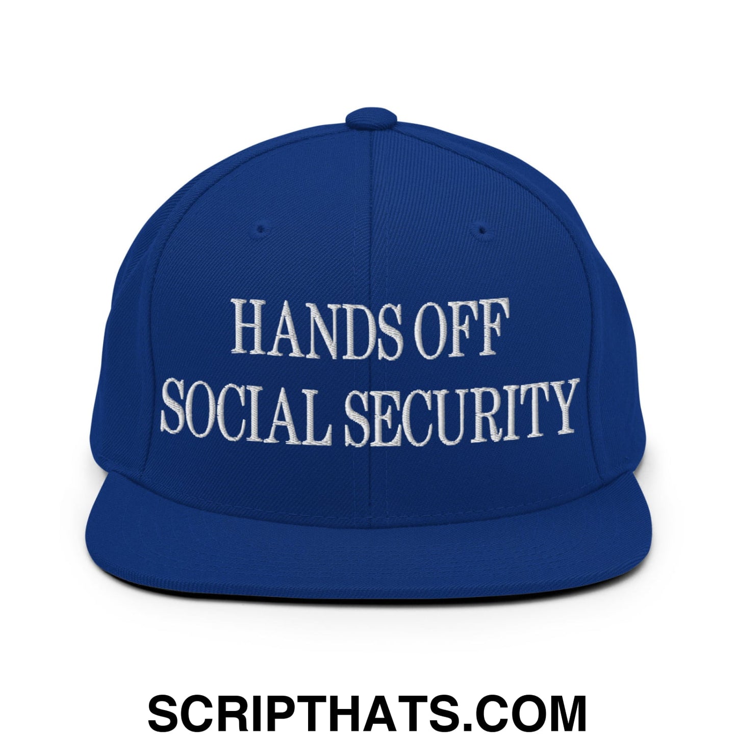 Hands Off Social Security Embroidered Flat Bill Brim Snapback Hat Royal Blue
