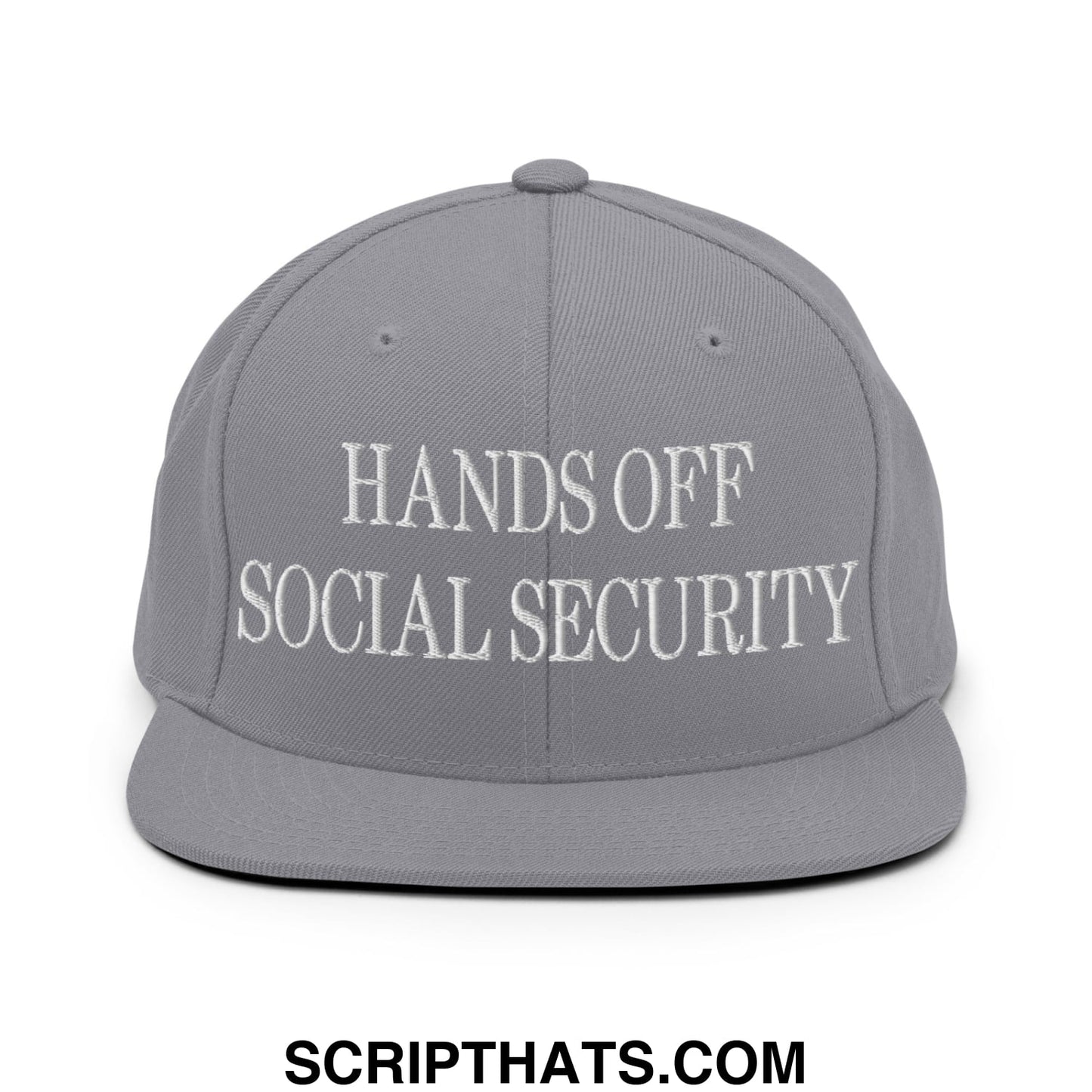 Gray embroidered snapback cap with white hands off social security text and flat bill brim for casual wear