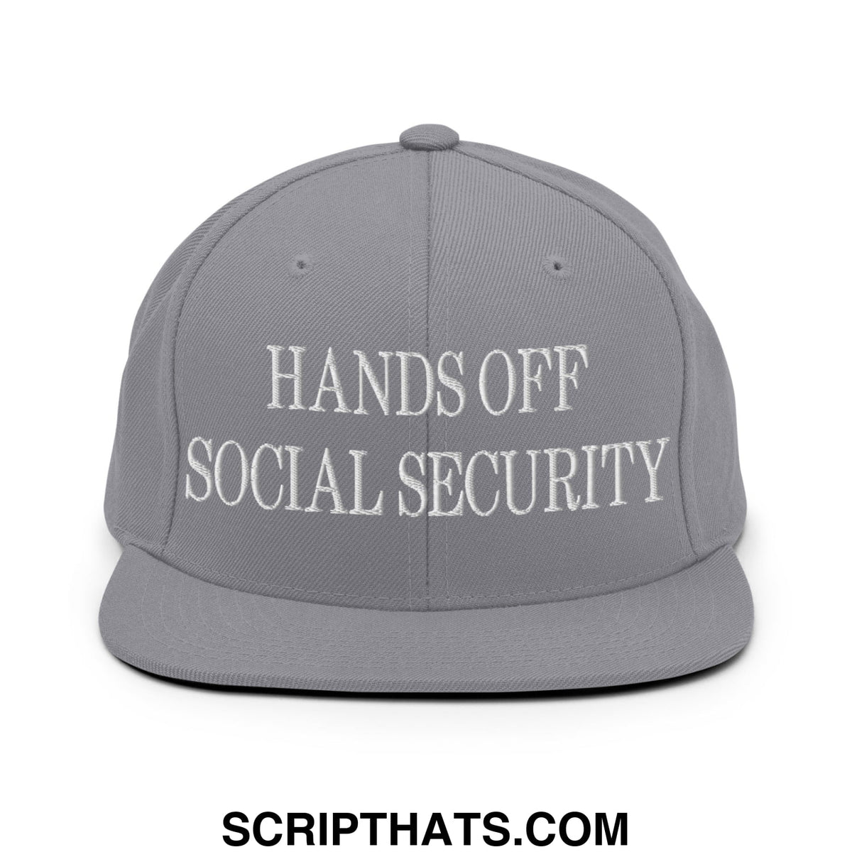 Gray embroidered snapback cap with white hands off social security text and flat bill brim for casual wear