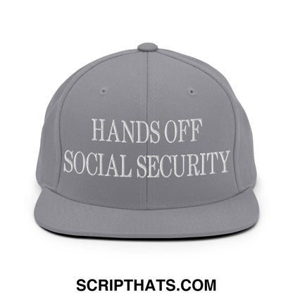 Gray embroidered snapback cap with white hands off social security text and flat bill brim for casual wear