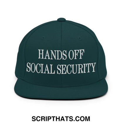 Dark green snapback cap with white embroidered hands off social security text and flat bill brim design