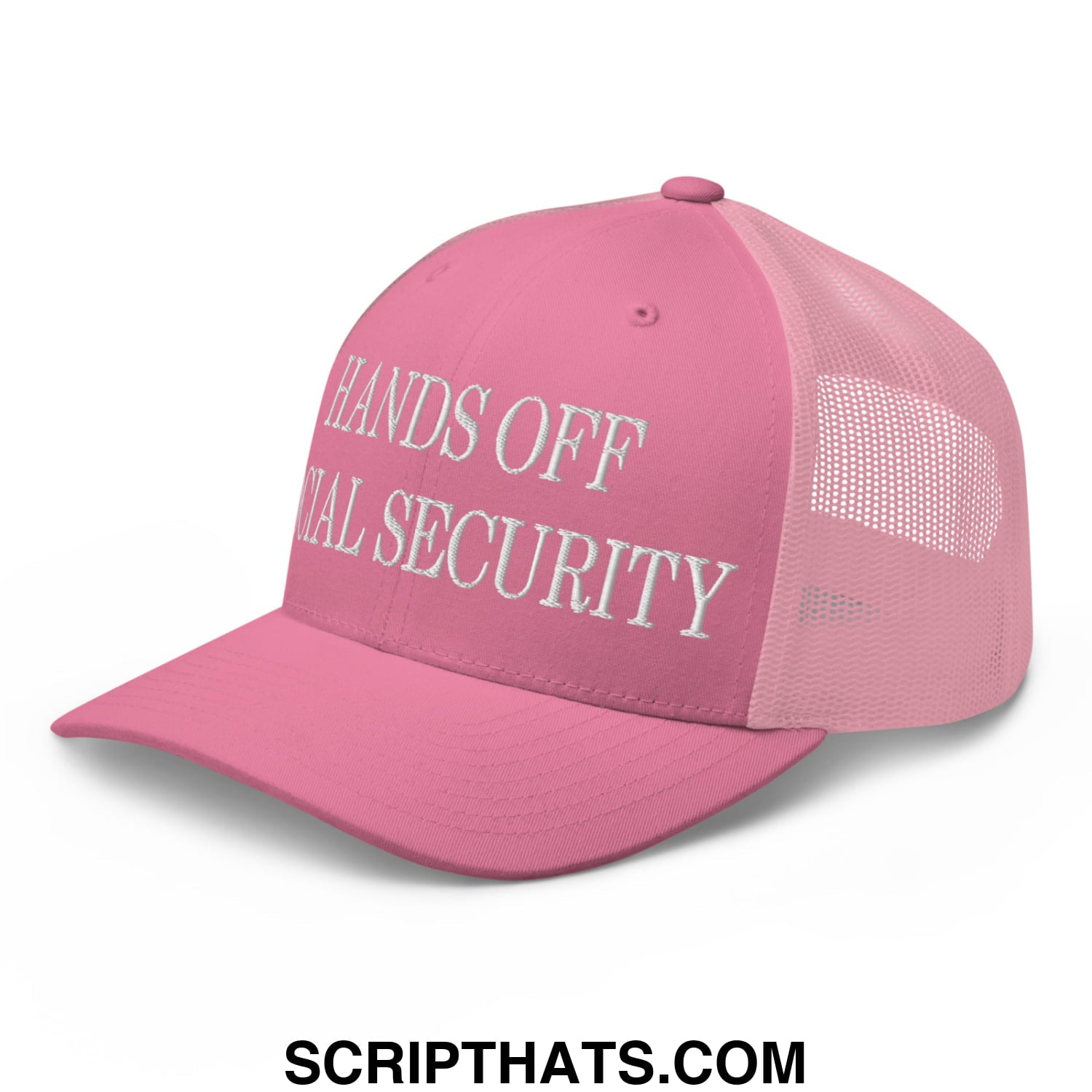 Hands Off Social Security Embroidered Mesh Trucker Hat Pink