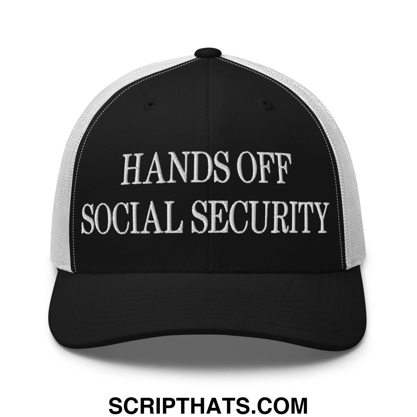 Hands Off Social Security Embroidered Mesh Trucker Hat Black White