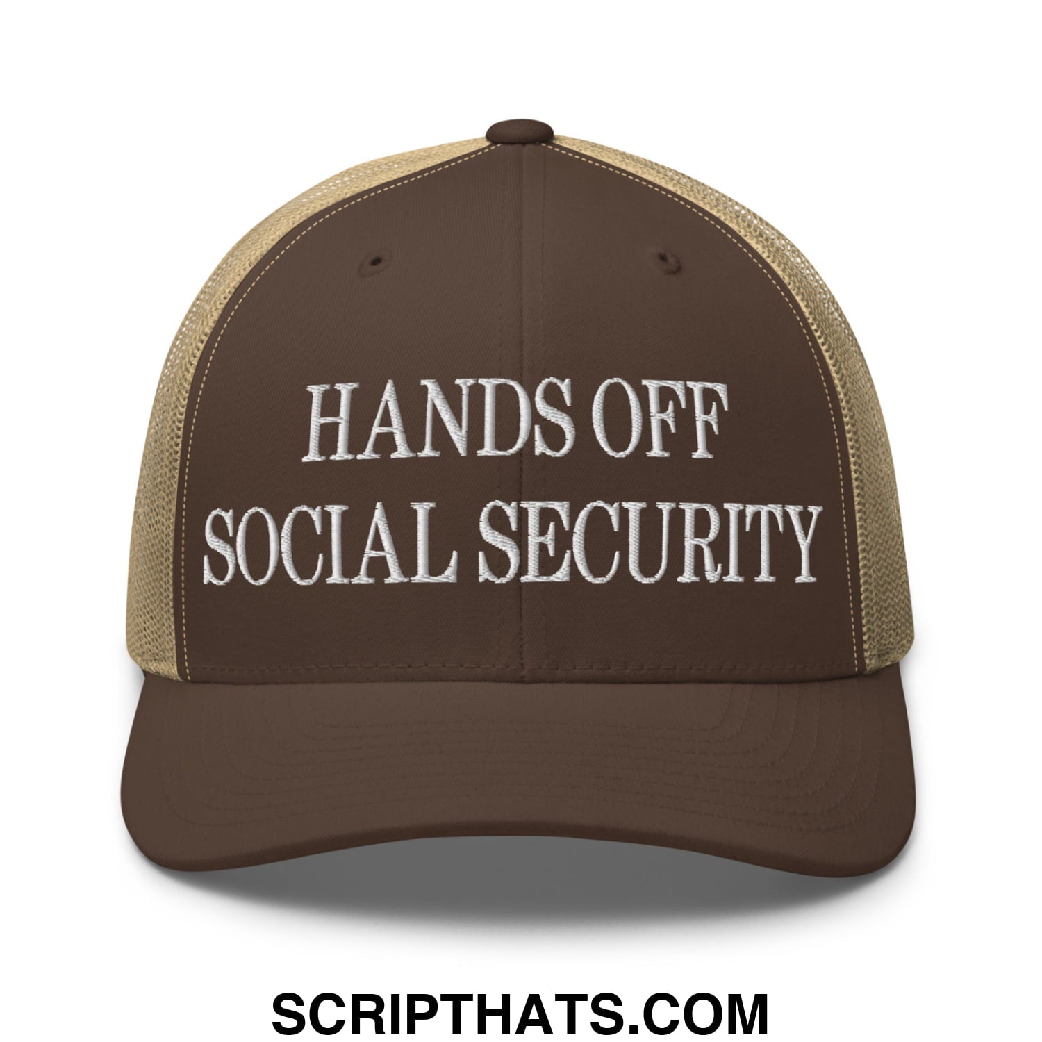 Hands Off Social Security Embroidered Mesh Trucker Hat Brown Khaki