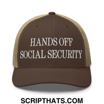 Hands Off Social Security Embroidered Mesh Trucker Hat Brown Khaki