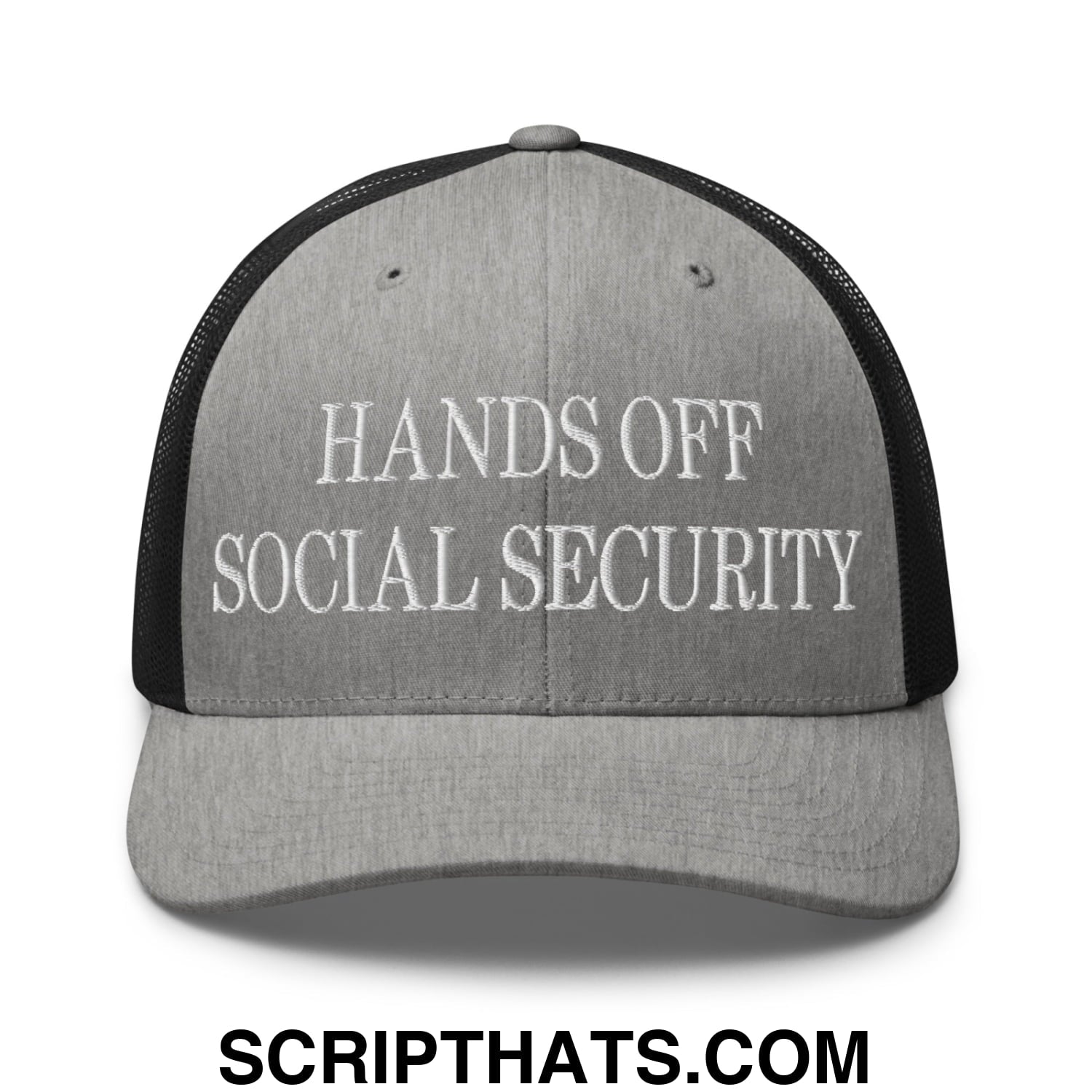 Hands Off Social Security Embroidered Mesh Trucker Hat Heather Black