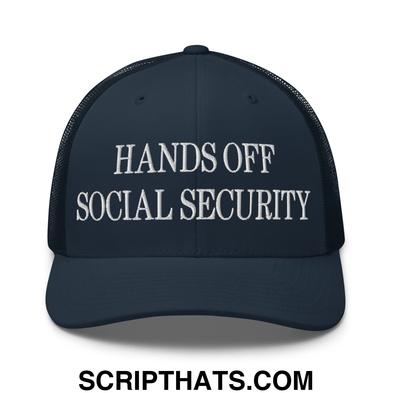 Hands Off Social Security Embroidered Mesh Trucker Hat Navy