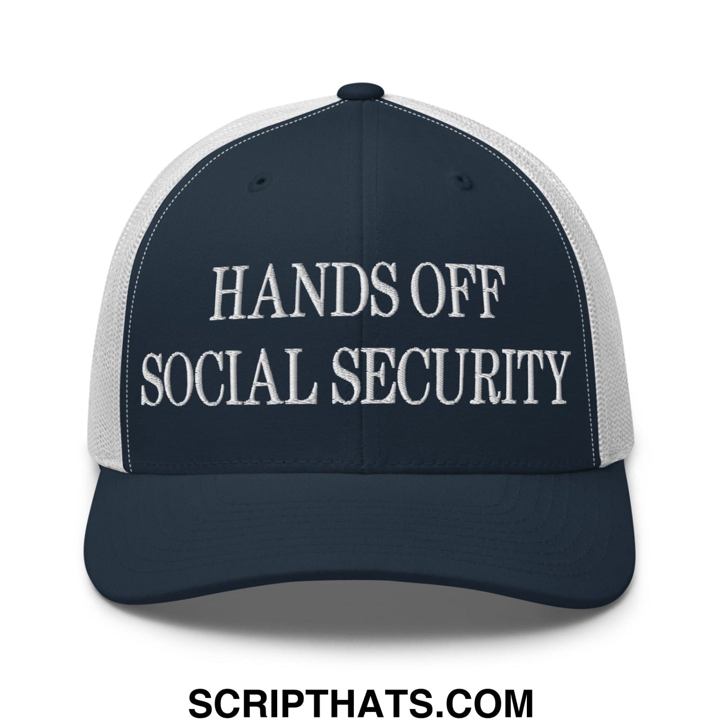 Hands Off Social Security Embroidered Mesh Trucker Hat Navy White